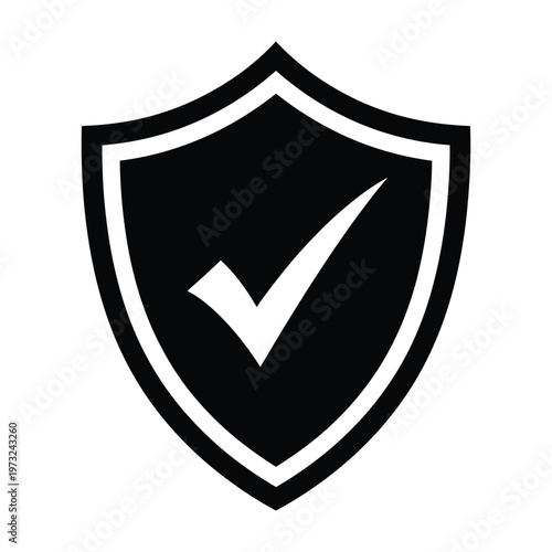 Shield with checkmark icon, symbolizing security and protection, black and white