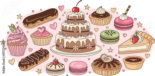 Colorful Desserts Cake Cupcakes Isolated on White Background