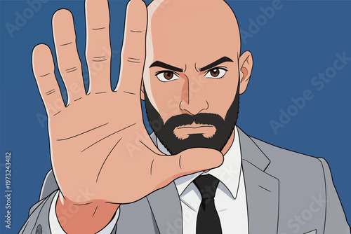 Bald Bearded Man in Suit Gesturing Stop