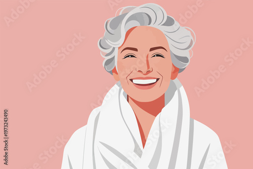 Smiling Elderly Woman with Gray Hair in Robe