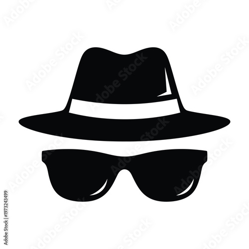 Silhouette of a fedora hat and sunglasses, suggesting anonymity or a secret identity, black and white