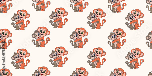 Vector Seamless Pattern with Punch monkey hugs his mother isolated light beige background. Perfect child bedroom Wallpaper print kids textile fabric printing design. Editable stroke EPS 10