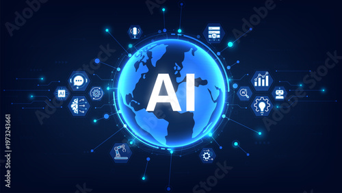 Abstract digital blue globe network with AI text in the center and a technology icon. Concept of artificial intelligence. Machine learning and advanced global technology systems. Vector illustration.