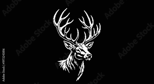 Striking illustration of a majestic stag's head with impressive antlers against a stark black background, symbolizing nature and wildlife