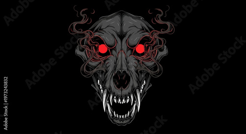 Fearsome, Glowing Red Eyed Wolf Skull Emblem with Fiery Mane on Black Background