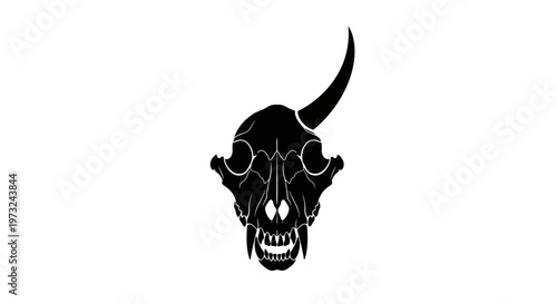 Illustration of a mythical creature's skull with a single horn, fangs, and sharp teeth on a white background