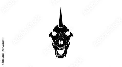 Illustration of a black dinosaur skull with a horn, set against a white background, symbolizing strength and prehistoric power