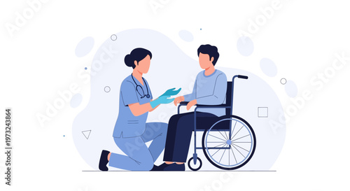 Nurse helping patient in wheelchair, medical care, healthcare concept