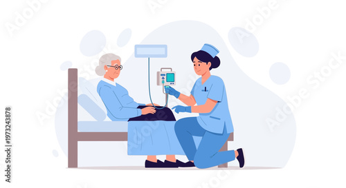 Nurse Administering IV Drip to Elderly Patient in Hospital Bed