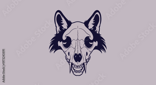 A stylized, dark navy blue illustration of a fox skull with sharp teeth, set against a light lavender background, evoking a gothic or macabre aesthetic