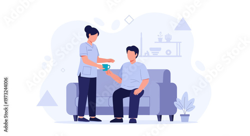 Nurse serving tea to patient at home, healthcare assistance, caring, comfort