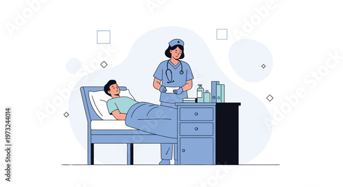 Nurse Attending Patient in Hospital Bed with Medical Supplies