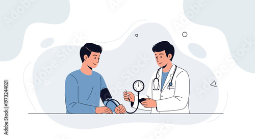Doctor measuring patient's blood pressure, healthcare checkup, medical examination illustration