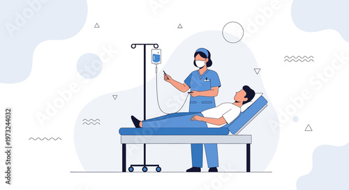 Nurse Administering IV Drip to Patient Lying in Hospital Bed