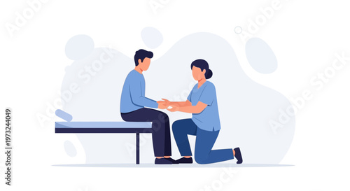 Physical therapist examining patient's hand on examination table, medical concept