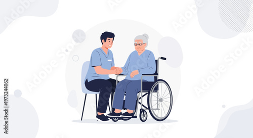 Caregiver assisting elderly woman in wheelchair, healthcare, support, home care, medical assistance
