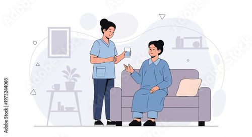 Nurse giving water to elderly woman at home, care and support concept