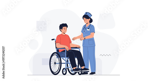 Nurse Helping Patient in Wheelchair, Medical Care Illustration