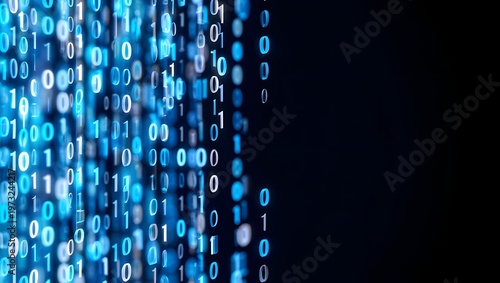 3D binary code rain on dark solid background with copy space

