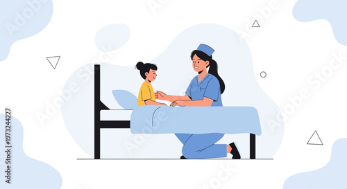 Nurse Caring for Child Patient in Hospital Bed, Illustration