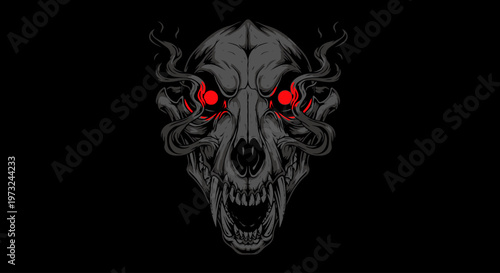 Eerie Skull Illustration with Glowing Red Eyes and Smoke Wisps on a Black Background
