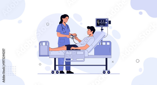 Nurse checks patient's blood pressure in hospital room with vital signs monitor