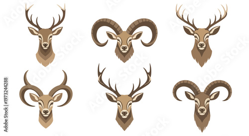 Collection of stylized animal heads featuring deer and rams with impressive antlers and horns, perfect for graphic design