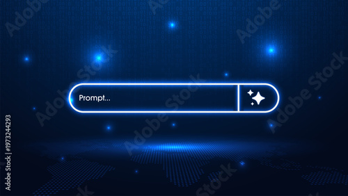 Concept of AI generate by a prompt. Futuristic generative bar on a binary code and digital world map background. AI assistant and agentic AI systems. Neural networks and advanced technology. Vector.