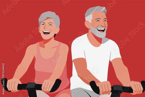 Happy Elderly Couple Exercising on Stationary Bikes