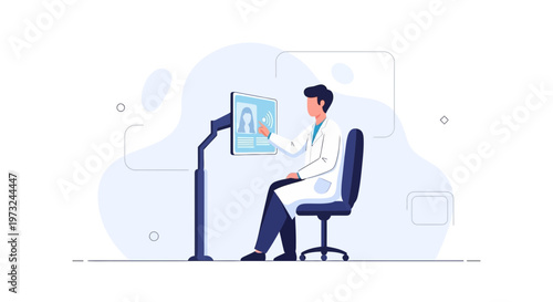 Doctor using futuristic touchscreen interface for medical diagnosis and patient data