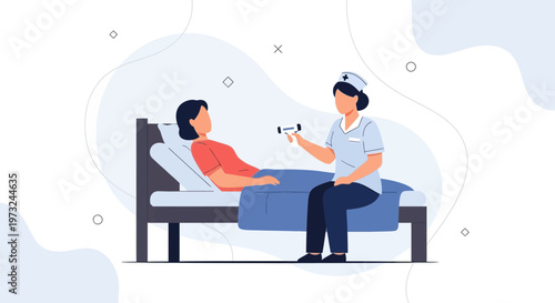 Nurse taking patient's temperature in hospital bed, medical care illustration