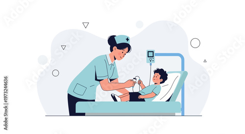 Nurse caring for a child patient in hospital bed with IV drip and monitor