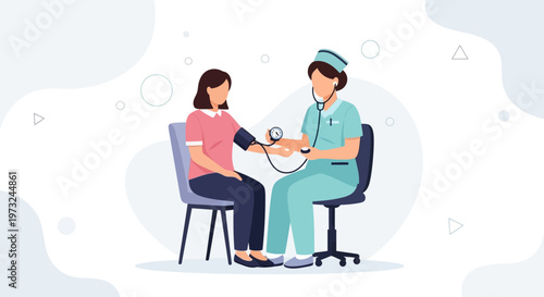 Nurse checking patient's blood pressure with stethoscope and sphygmomanometer, medical checkup
