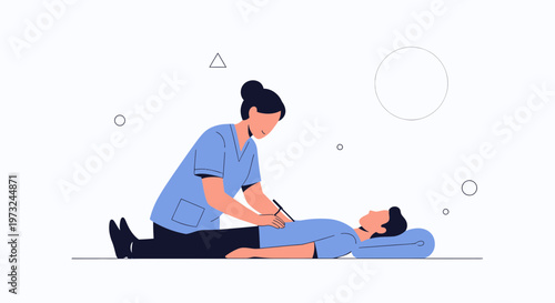 Doctor examining patient's abdomen with a pen, medical check-up illustration