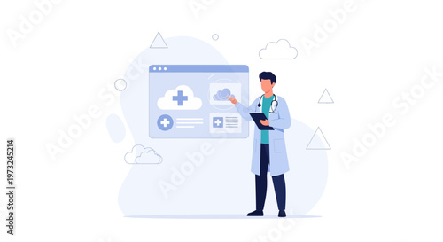 Doctor presenting cloud healthcare technology and digital medical records on screen