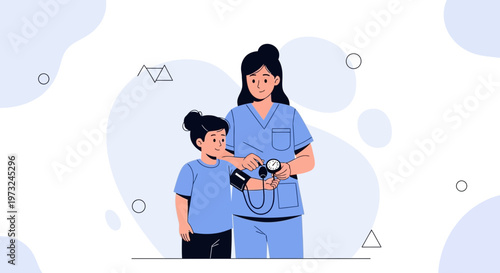 Nurse checking child's blood pressure, medical checkup, healthcare concept illustration