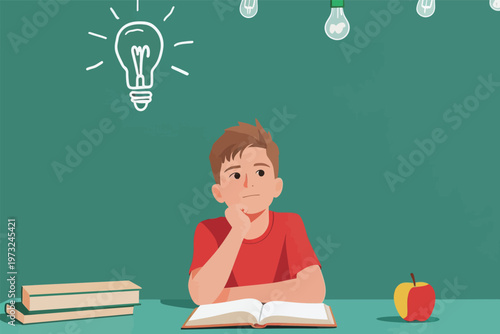 Boy Studying with Light Bulb Ideas