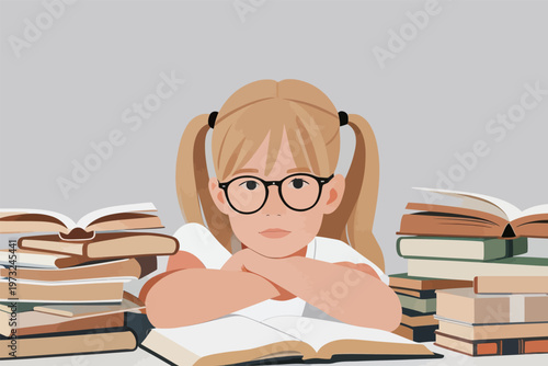 Girl with Glasses Studying with Books