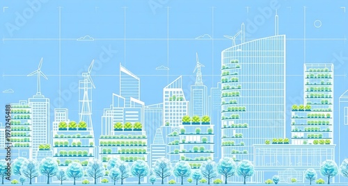 A stylized, blueprint-like illustration of a futuristic city skyline. The scene is dominated by tall, white-lined buildings with integrated vertical farms, showcasing tiered levels of vibrant green