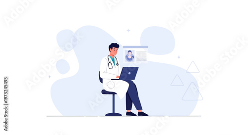 Doctor using laptop for online consultation, digital health record, medical technology