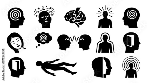 Psychology and Mental State Silhouette Icons – Mind, Brain, Emotion, Awareness and Thinking Concepts