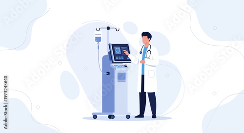 Doctor interacting with advanced medical equipment, modern healthcare concept