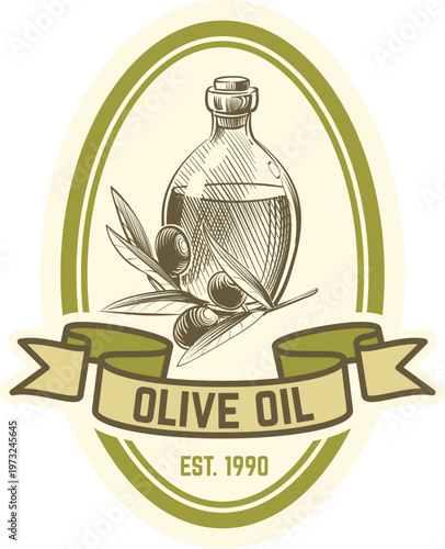 Vintage olive oil bottle logo with establishment year 1990