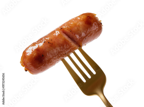 Isolated delicious golden-brown grilled sausage speared on a elegant metallic fork food item