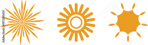 Three stylized illustrations of a sun with varying designs and complexity