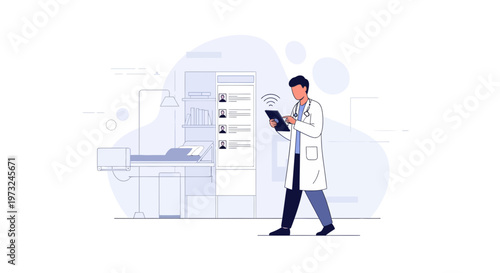 Doctor using tablet in modern clinic with patient records and medical equipment