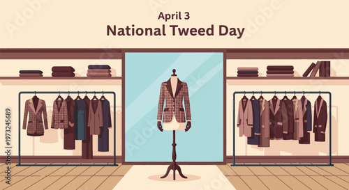 National Tweed Day April 3 Fashion Store Illustration, Classic Tweed Jacket on Mannequin with Clothing Racks, Vintage Style Apparel and Textile Concept Flat Vector Design