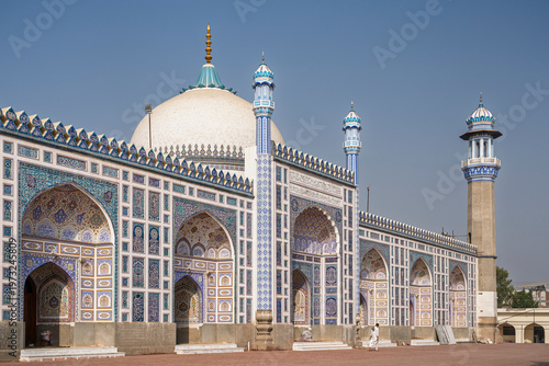 Scenic landscape view of blue and white facade of landmark Shahi Eid Gah mosque, Multan, Punjab, Pakistan