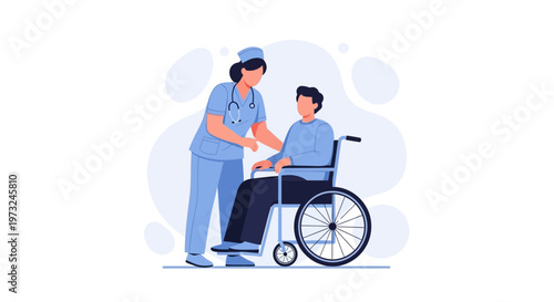 Nurse assisting patient in wheelchair, healthcare concept, medical illustration