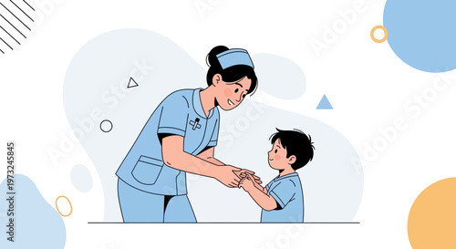 Nurse holding child's hands, caring for kid in clinic, medical support, healthcare concept